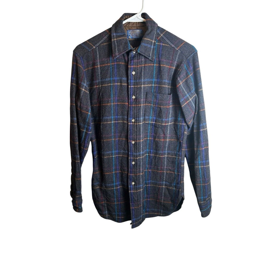 Vintage 70s Pendleton Wool Board Shirt Mens Small Plaid Flannel Charcoal